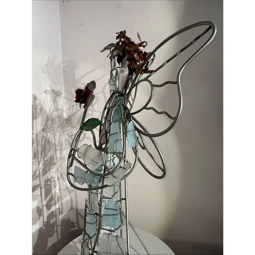 Handcrafted Wire Angel with Blue Glass Accents and Red Rose and Butterfly